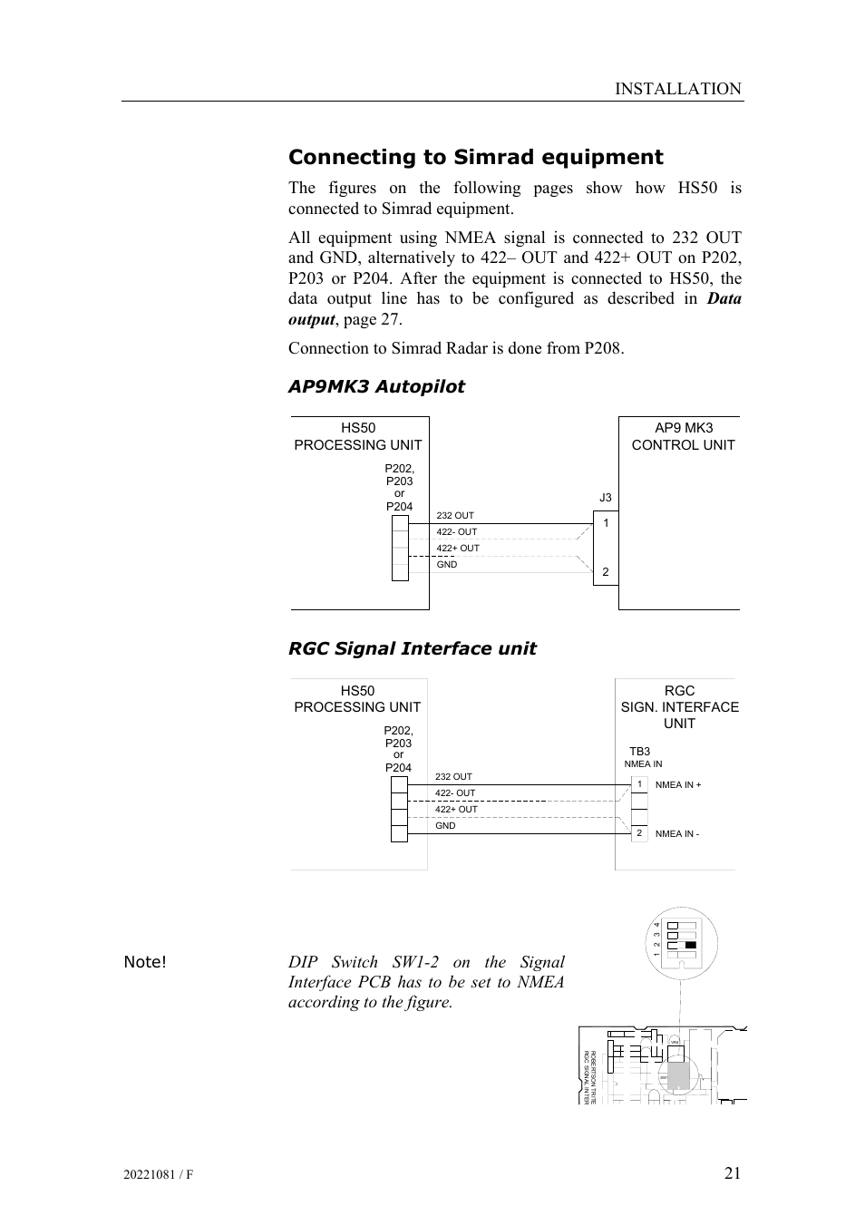 Connecting to simrad equipment, Installation, Rgc signal interface unit | Simrad HS50 User Manual | Page 29 / 63