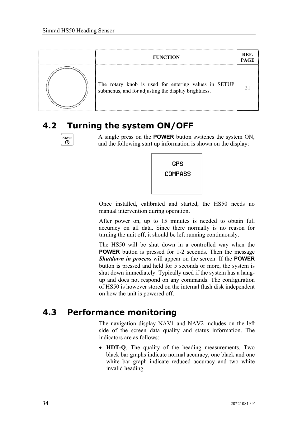 Turning the system on/off, Performance monitoring, 2 turning the system on/off | 3 performance monitoring | Simrad HS50 User Manual | Page 42 / 63