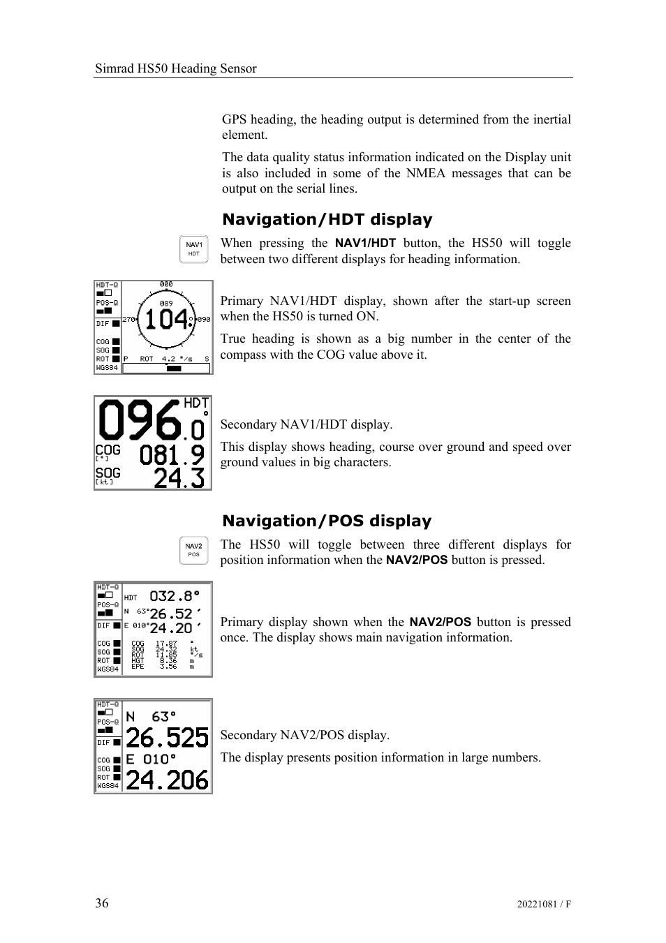 Navigation/hdt display, Navigation/pos display | Simrad HS50 User Manual | Page 44 / 63