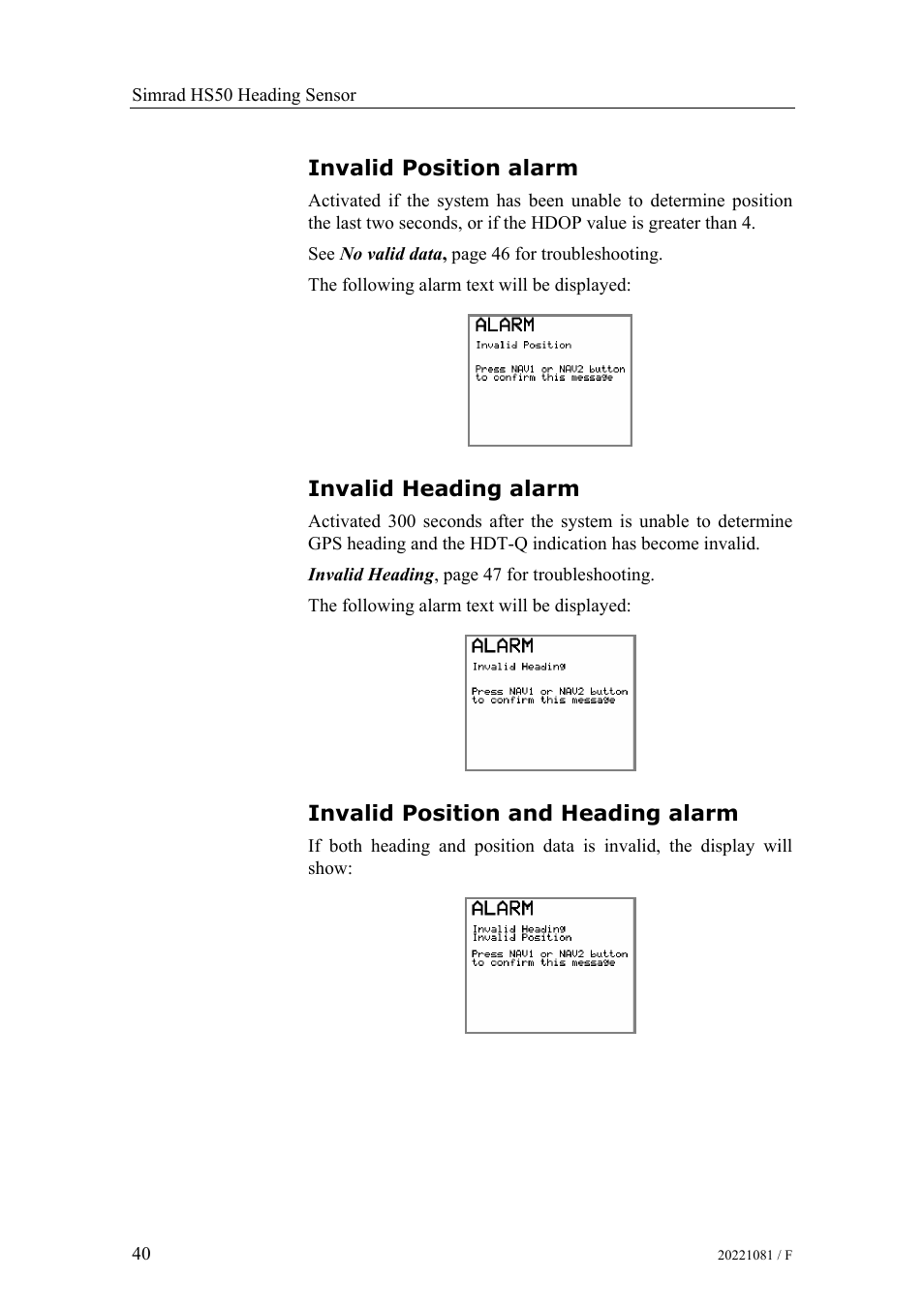Invalid position alarm, Invalid heading alarm, Invalid position and heading alarm | Simrad HS50 User Manual | Page 48 / 63
