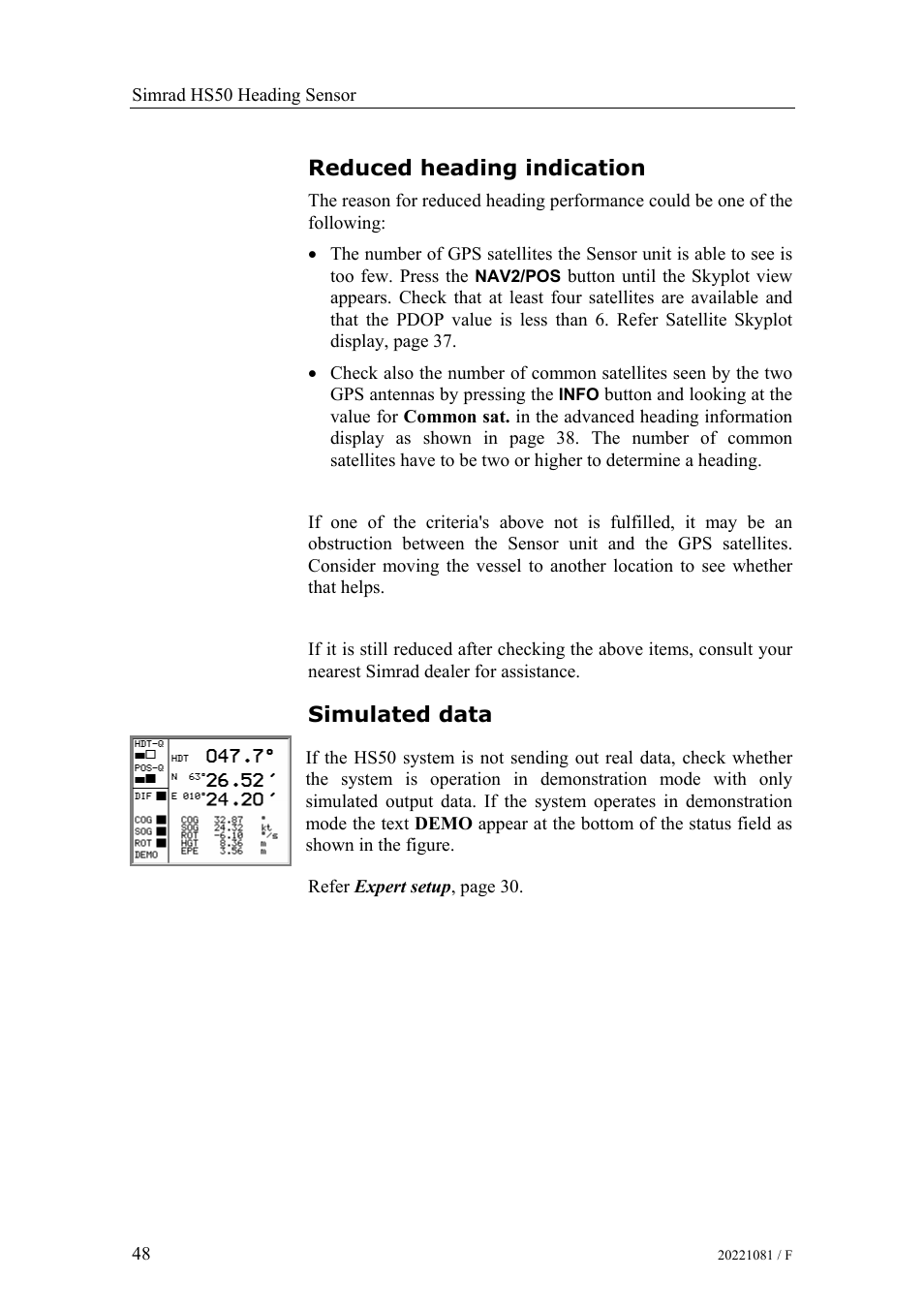 Reduced heading indication, Simulated data | Simrad HS50 User Manual | Page 56 / 63