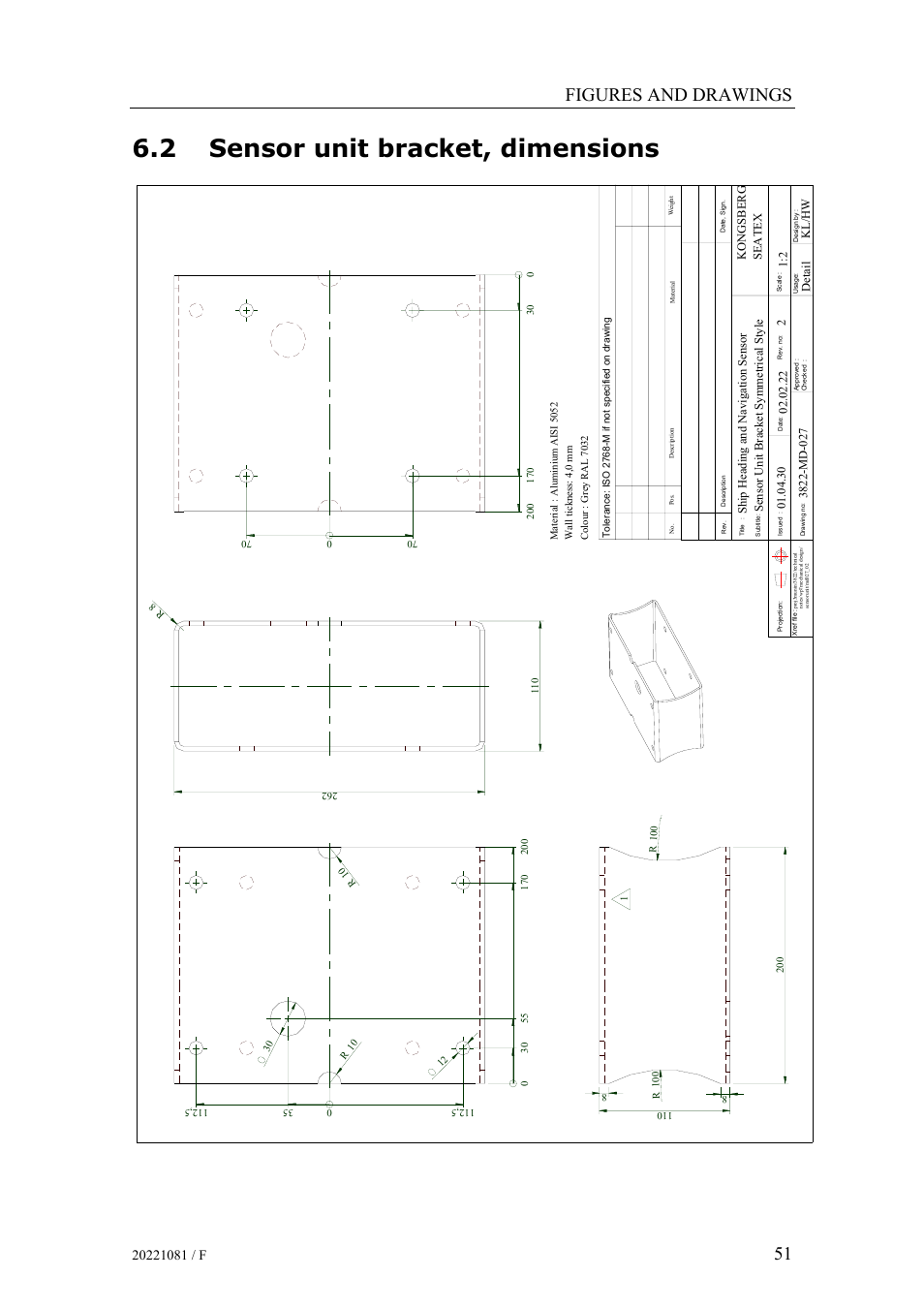 Sensor unit bracket, dimensions, 2 sensor unit bracket, dimensions, Figures and drawings | Simrad HS50 User Manual | Page 59 / 63
