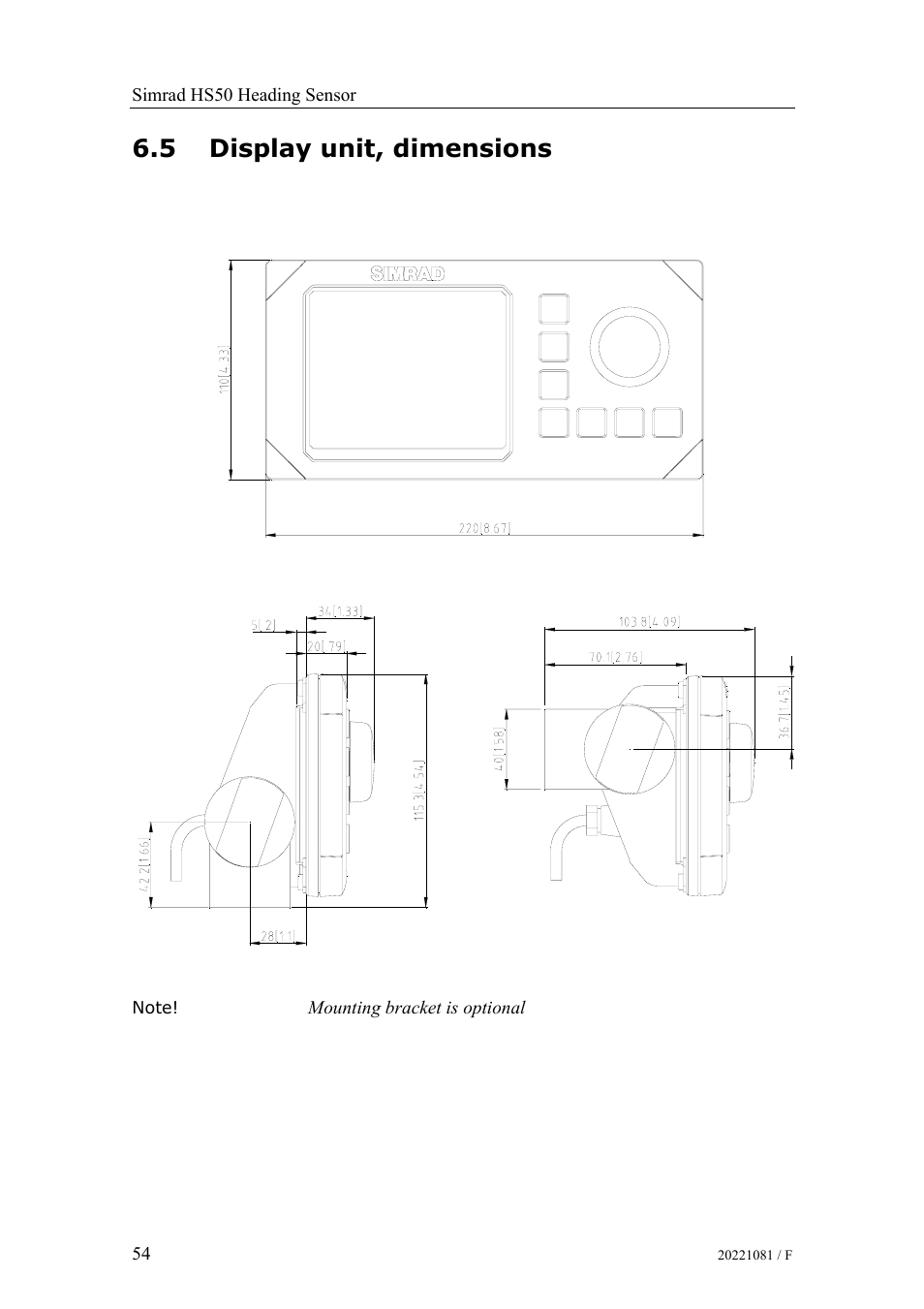 Display unit, dimensions, 5 display unit, dimensions | Simrad HS50 User Manual | Page 62 / 63