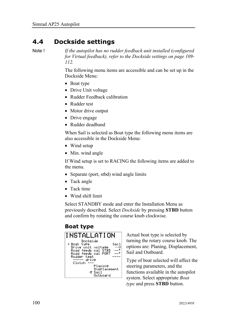 4 dockside settings, Boat type | Simrad AP25 User Manual | Page 102 / 172