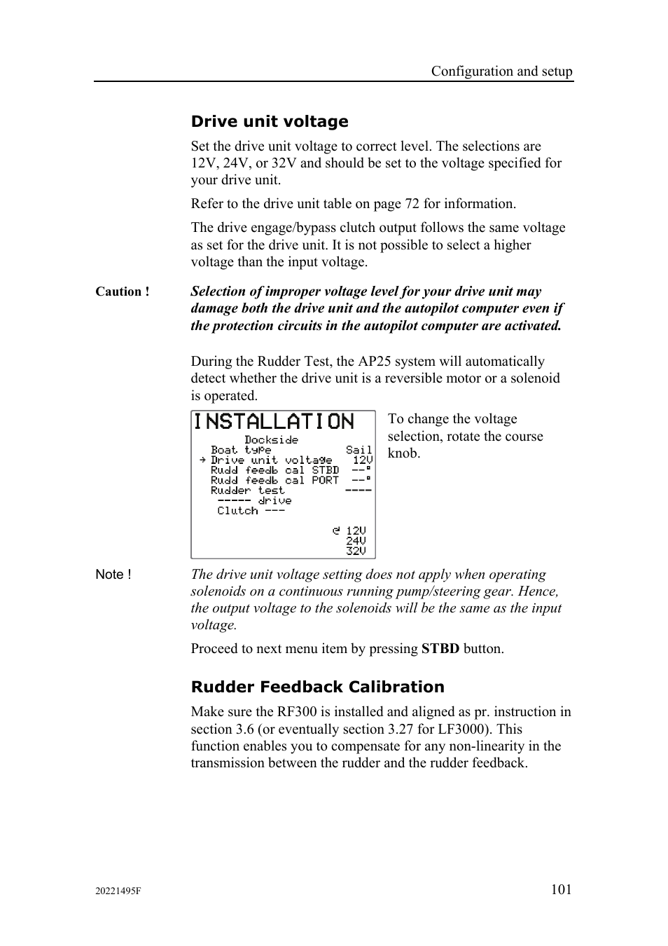 Drive unit voltage, Rudder feedback calibration | Simrad AP25 User Manual | Page 103 / 172