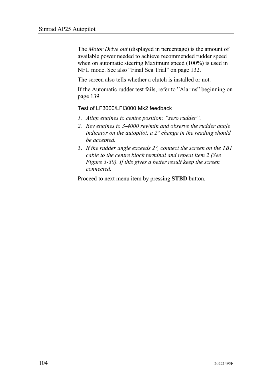 Test of lf3000/lfi3000 mk2 feedback | Simrad AP25 User Manual | Page 106 / 172