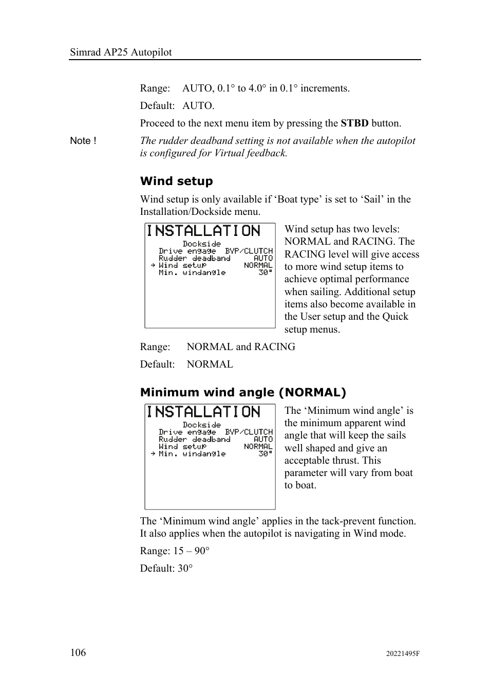 Wind setup, Minimum wind angle (normal), 106), m | Simrad AP25 User Manual | Page 108 / 172