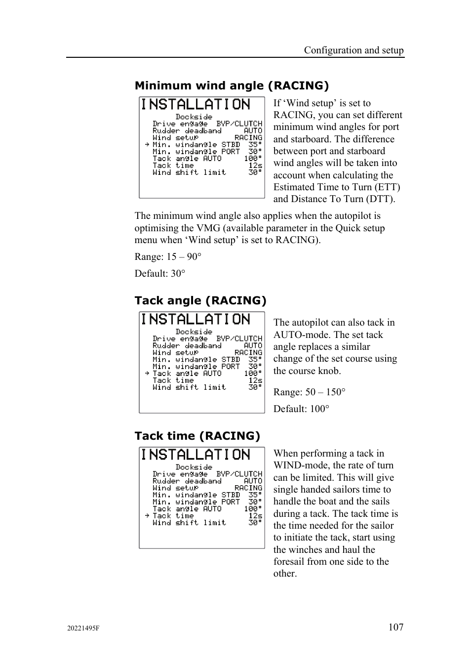 Minimum wind angle (racing), Tack angle (racing), Tack time (racing) | Simrad AP25 User Manual | Page 109 / 172