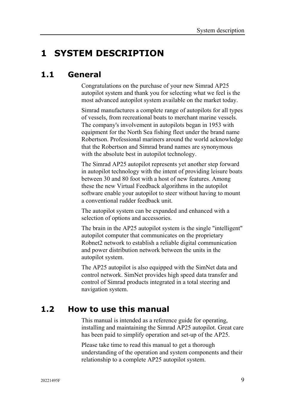 1 system description, 1 general, 2 how to use this manual | Simrad AP25 User Manual | Page 11 / 172