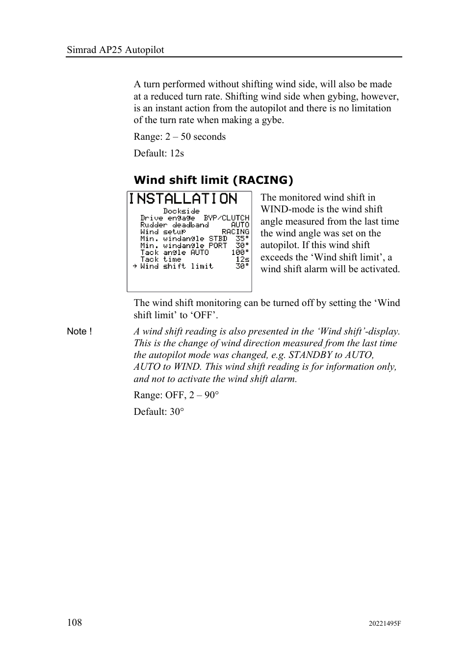 Wind shift limit (racing) | Simrad AP25 User Manual | Page 110 / 172