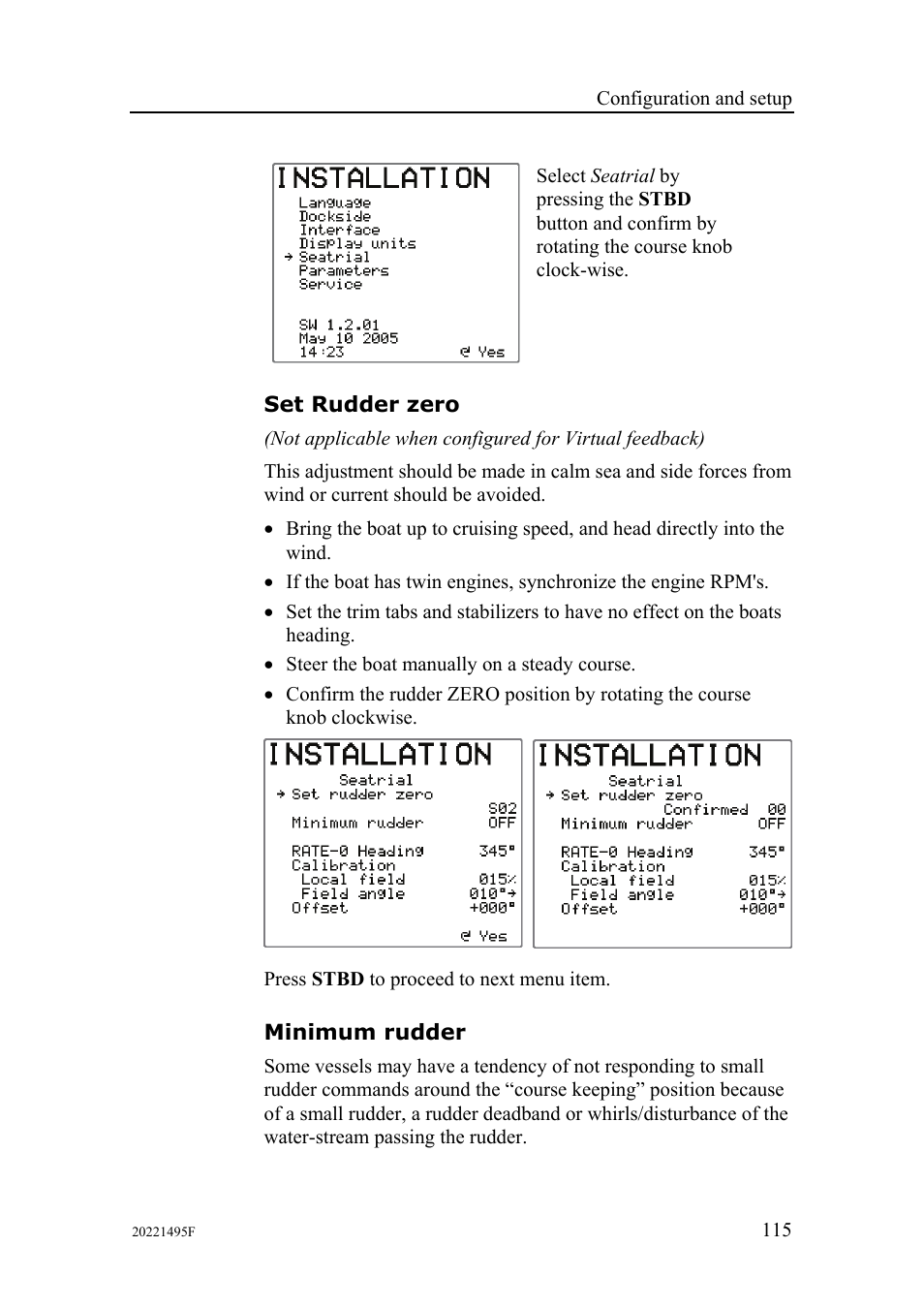 Set rudder zero, Minimum rudder | Simrad AP25 User Manual | Page 117 / 172