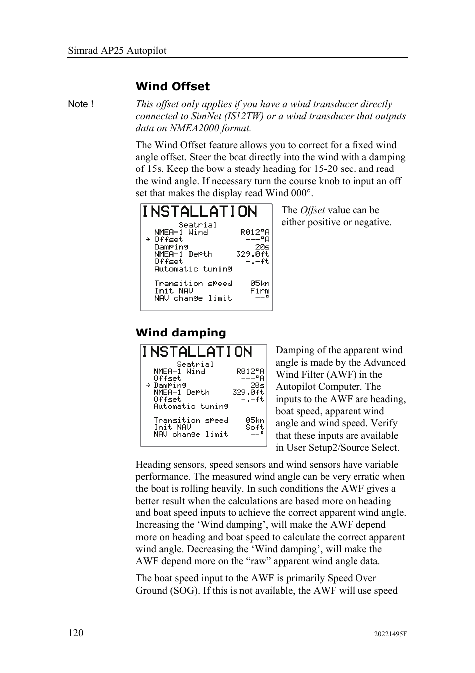 Wind offset, Wind damping | Simrad AP25 User Manual | Page 122 / 172