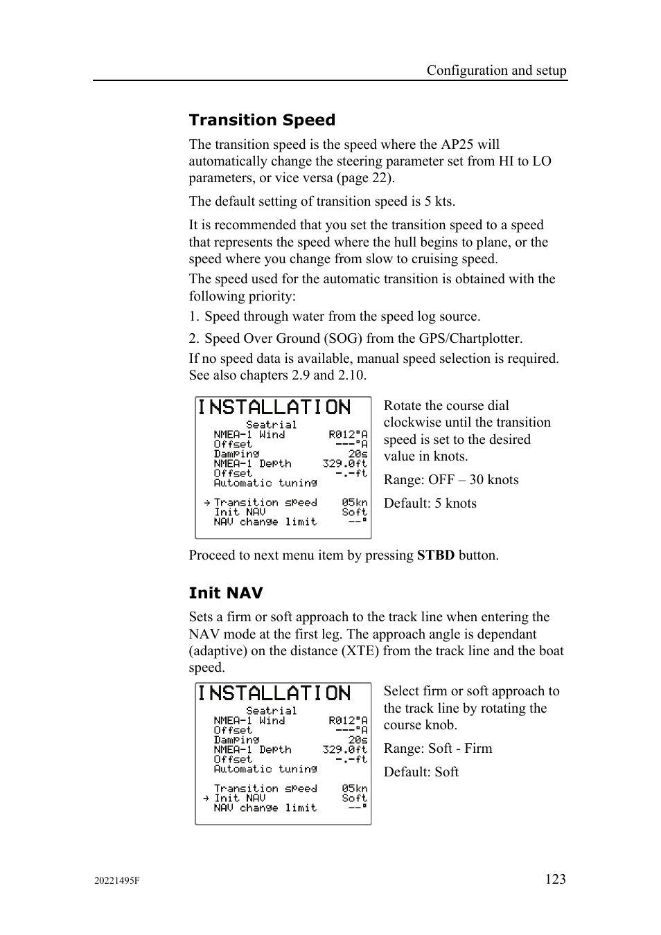 Transition speed, Init nav | Simrad AP25 User Manual | Page 125 / 172