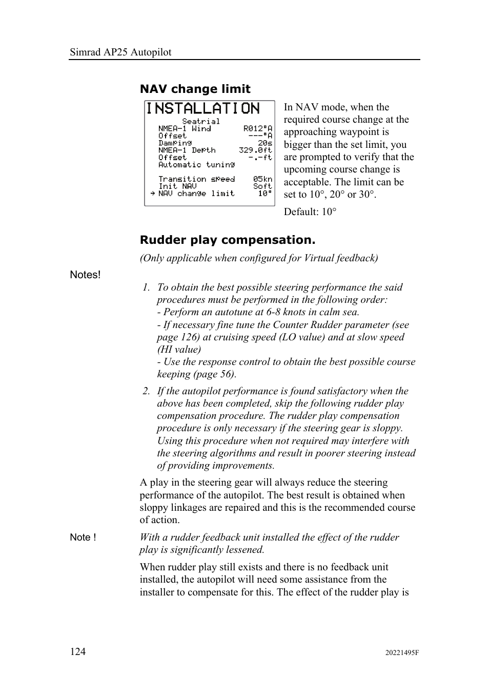 Nav change limit, Rudder play compensation | Simrad AP25 User Manual | Page 126 / 172