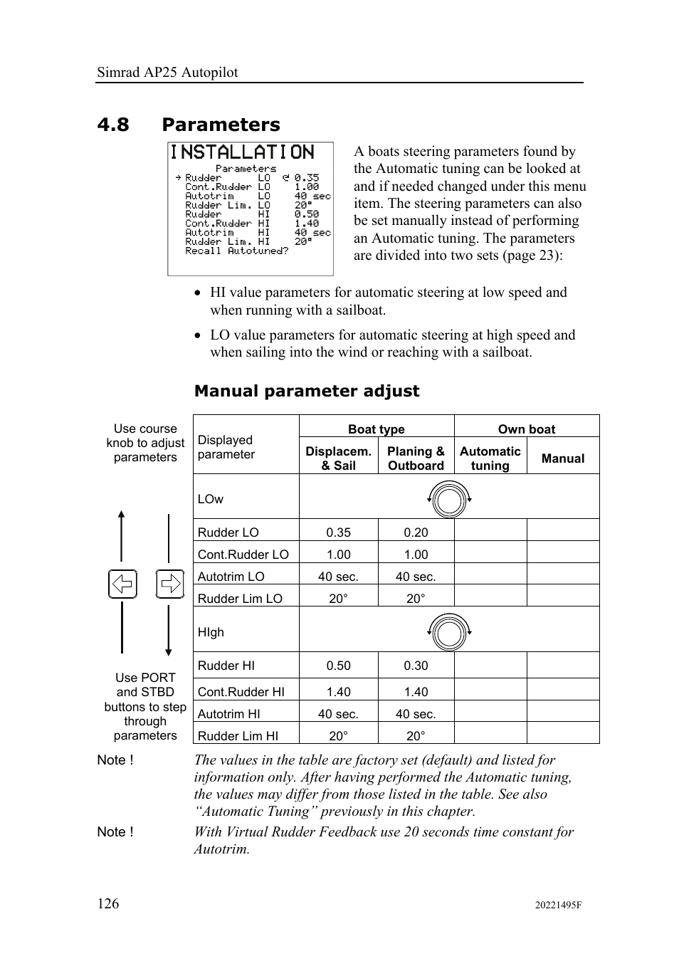 8 parameters, Manual parameter adjust | Simrad AP25 User Manual | Page 128 / 172