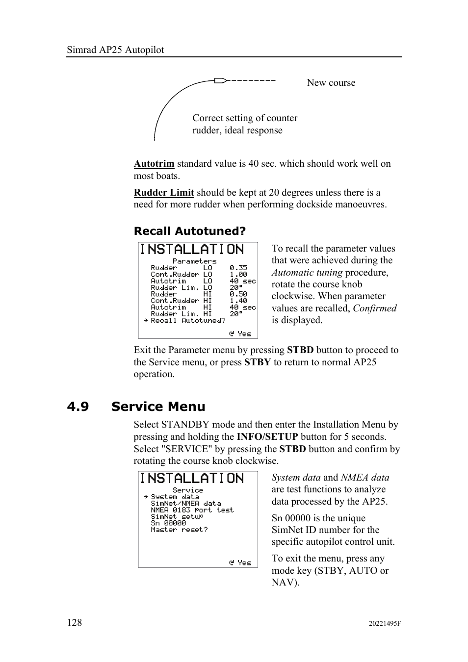 Recall autotuned, 9 service menu | Simrad AP25 User Manual | Page 130 / 172