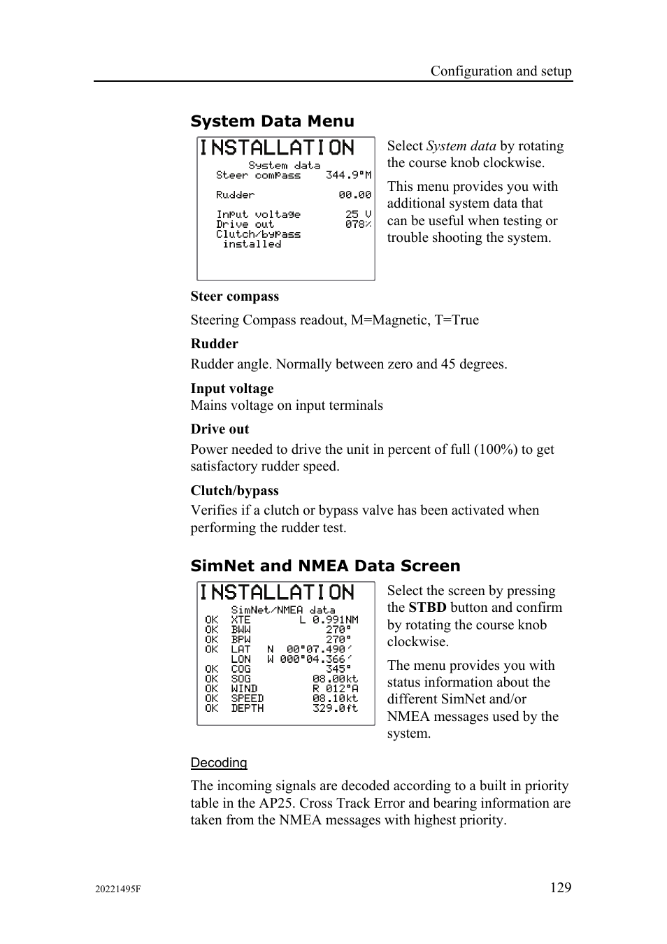 System data menu, Simnet and nmea data screen, Decoding | Simrad AP25 User Manual | Page 131 / 172