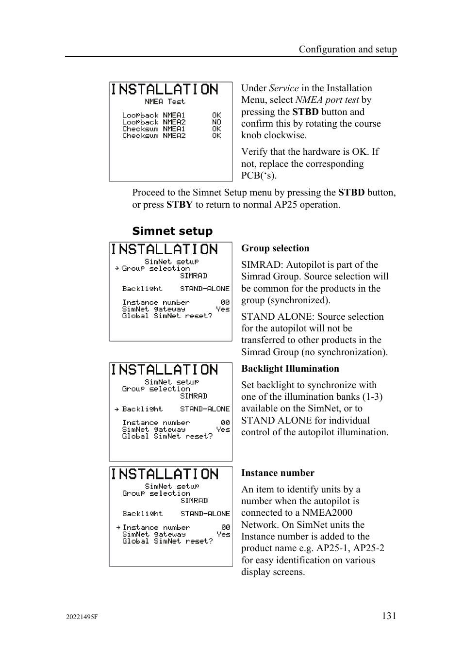 Simnet setup | Simrad AP25 User Manual | Page 133 / 172