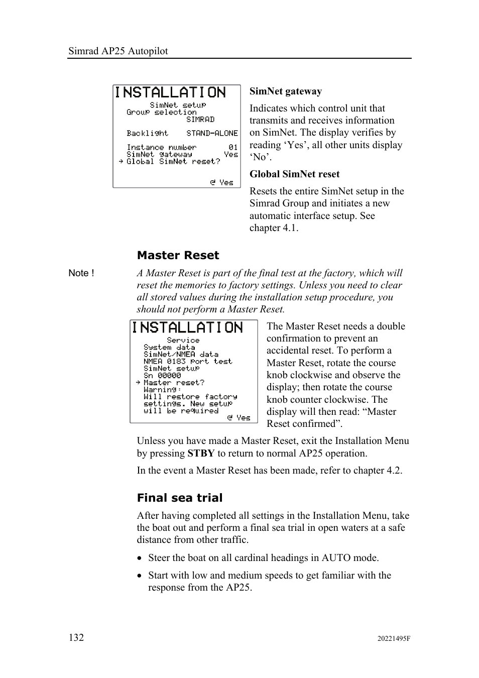 Master reset, Final sea trial | Simrad AP25 User Manual | Page 134 / 172