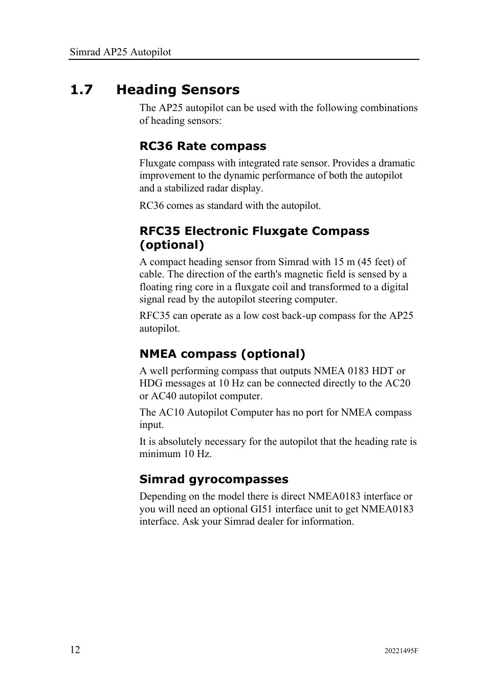 7 heading sensors, Rc36 rate compass, Rfc35 electronic fluxgate compass (optional) | Nmea compass (optional), Simrad gyrocompasses | Simrad AP25 User Manual | Page 14 / 172