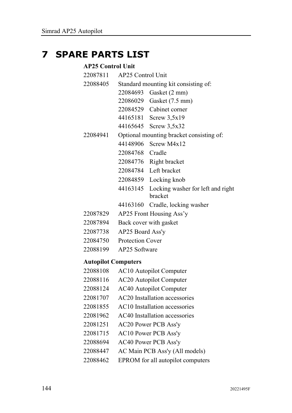 7 spare parts list | Simrad AP25 User Manual | Page 146 / 172
