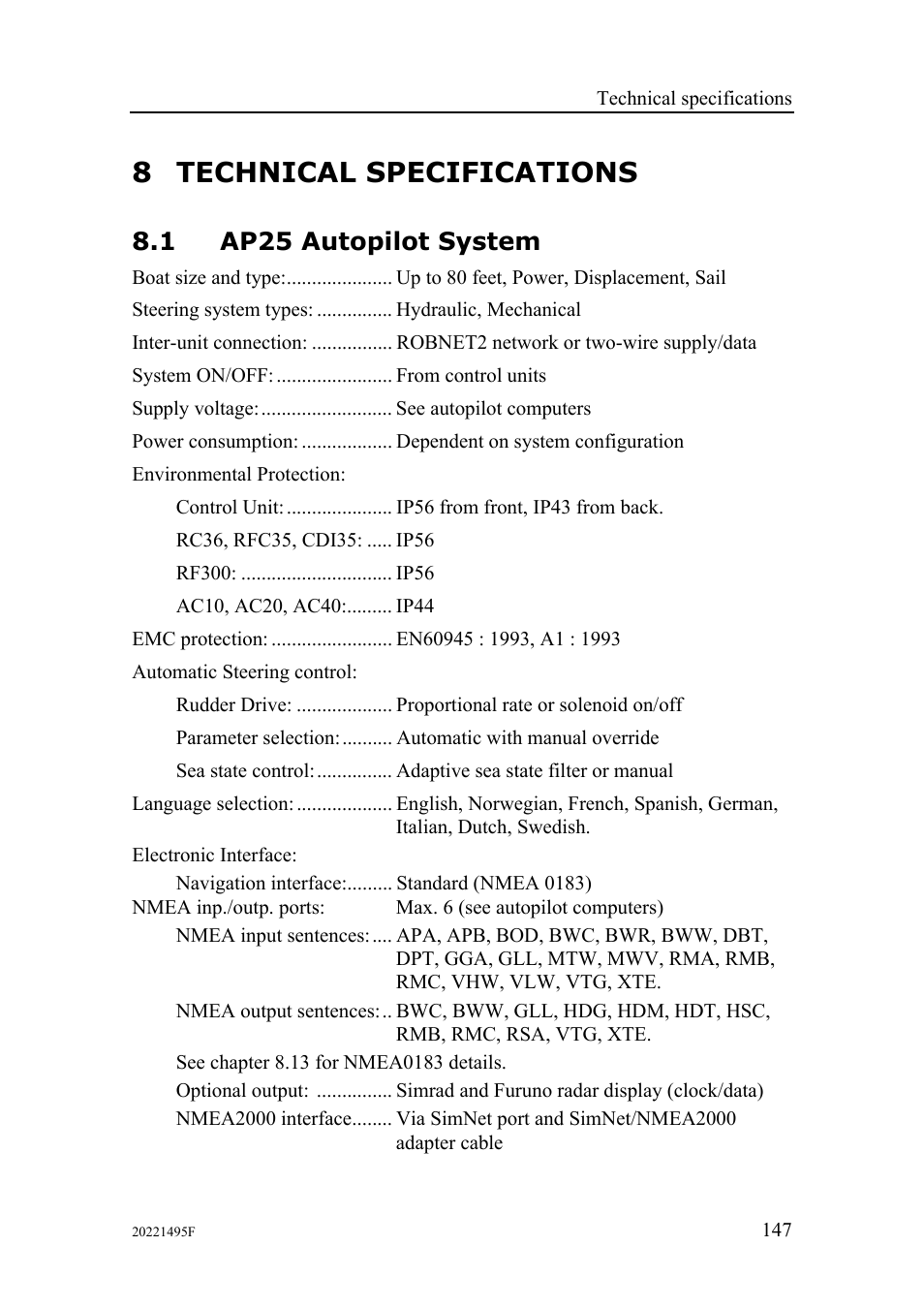 8 technical specifications, 1 ap25 autopilot system | Simrad AP25 User Manual | Page 149 / 172