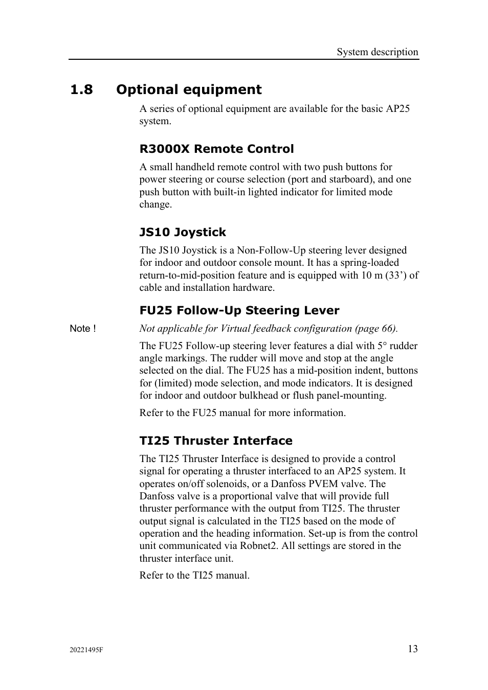 8 optional equipment, R3000x remote control, Js10 joystick | Fu25 follow-up steering lever, Ti25 thruster interface | Simrad AP25 User Manual | Page 15 / 172