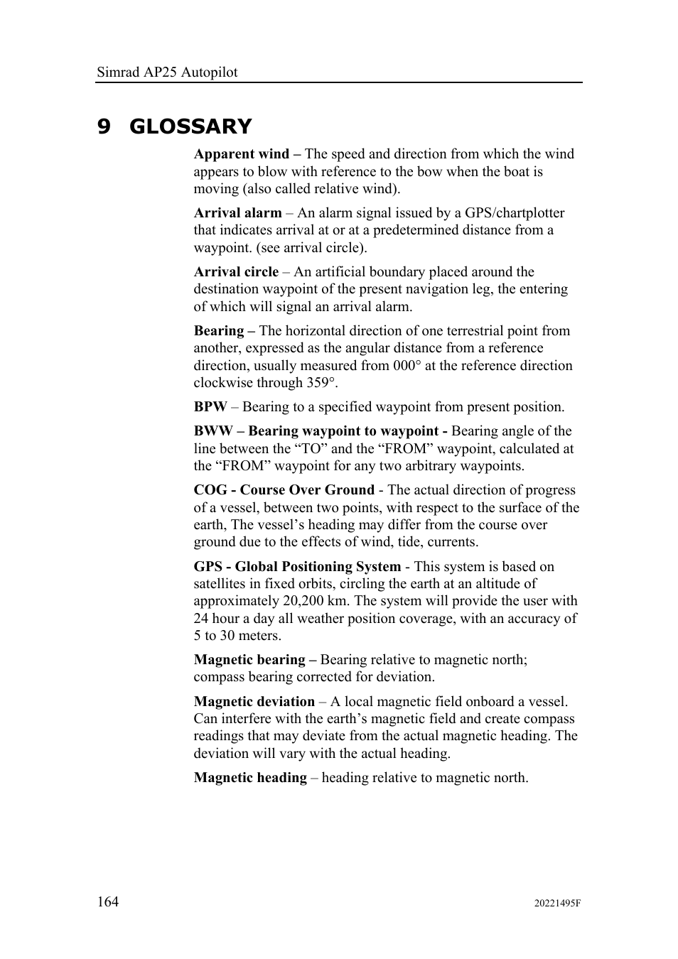 9 glossary | Simrad AP25 User Manual | Page 166 / 172