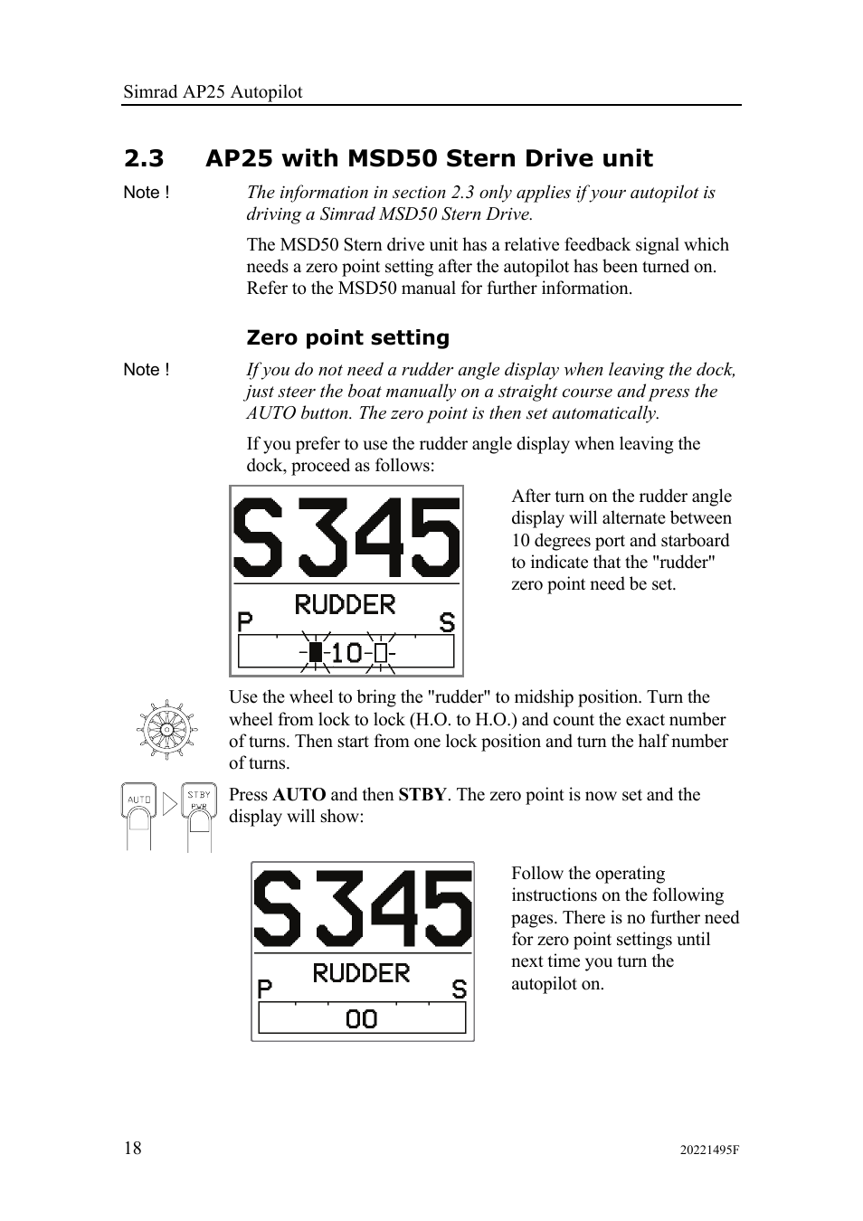 3 ap25 with msd50 stern drive unit, Zero point setting | Simrad AP25 User Manual | Page 20 / 172