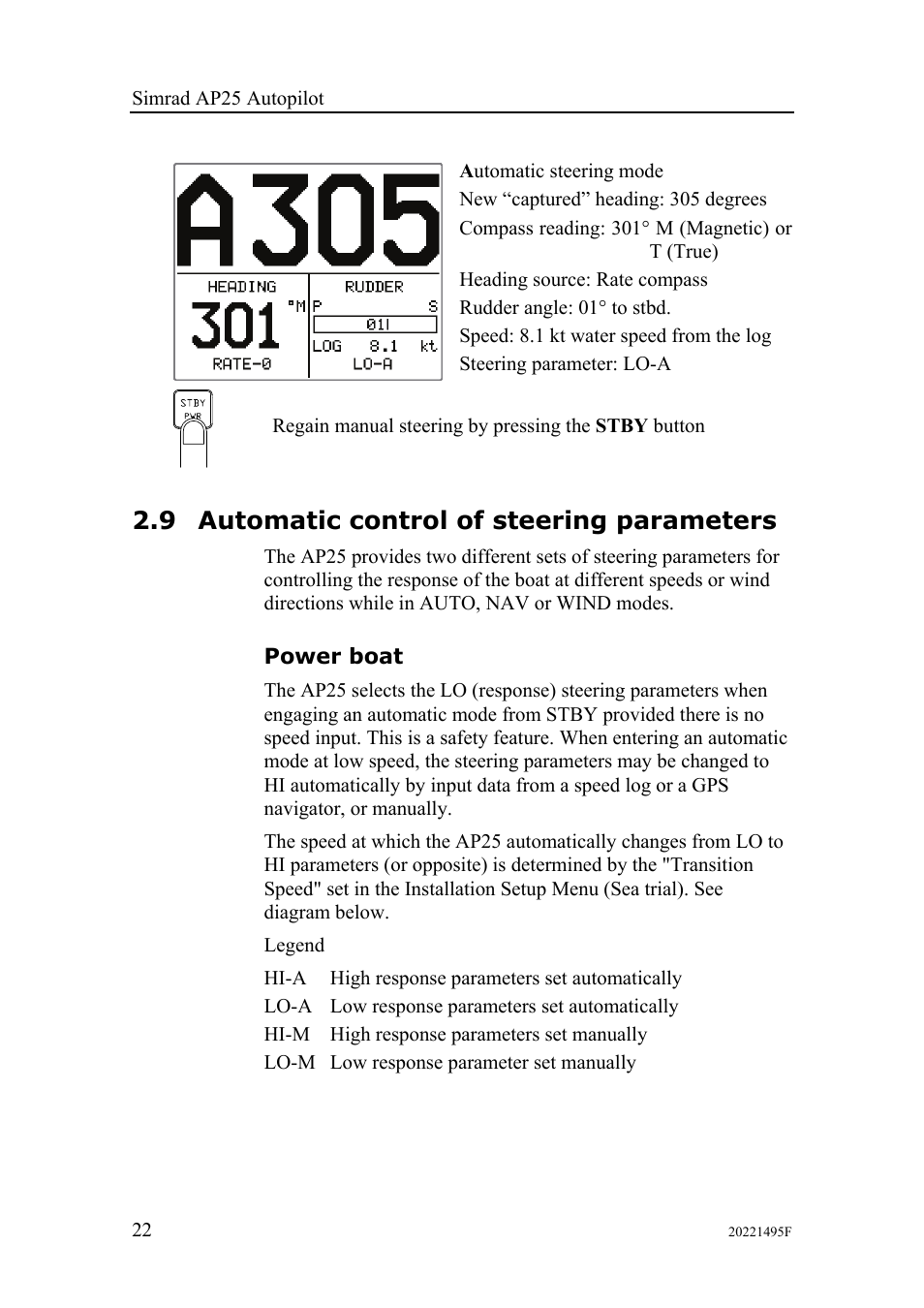 9 automatic control of steering parameters, Power boat | Simrad AP25 User Manual | Page 24 / 172