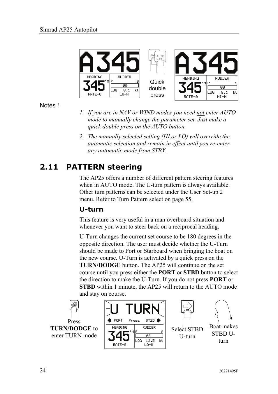 11 pattern steering, U-turn | Simrad AP25 User Manual | Page 26 / 172