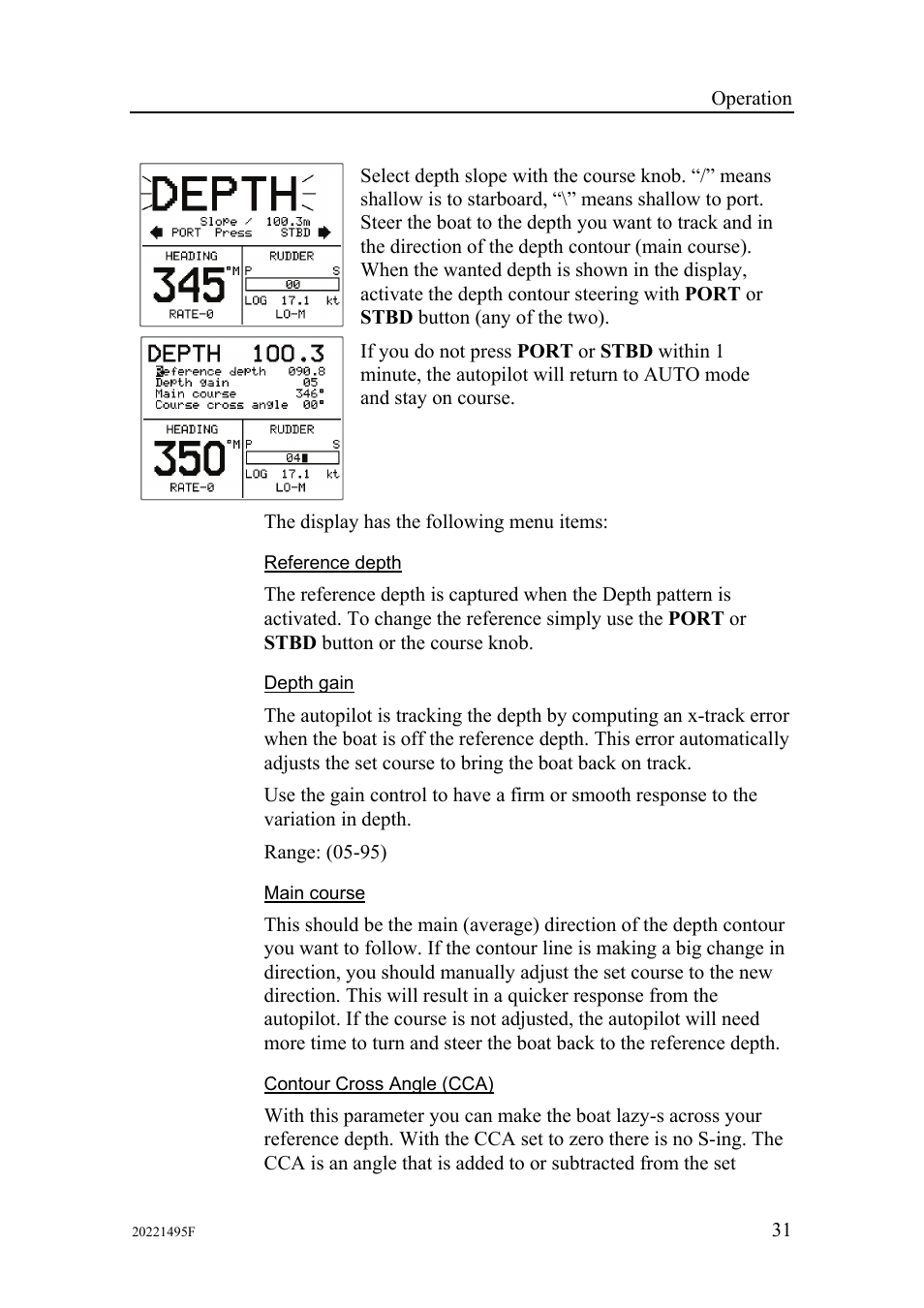 Reference depth, Depth gain, Main course | Contour cross angle (cca) | Simrad AP25 User Manual | Page 33 / 172