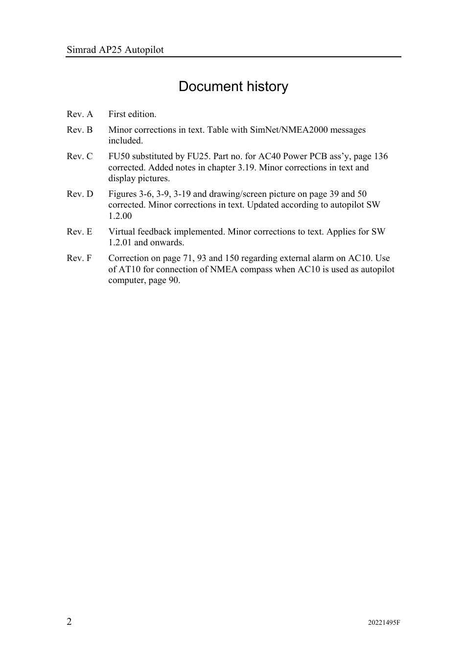 Front matter, Document history | Simrad AP25 User Manual | Page 4 / 172