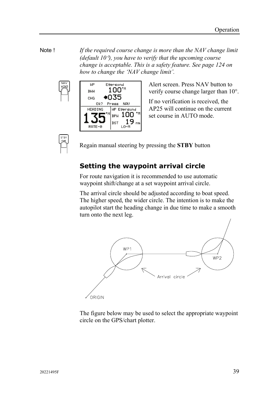 Setting the waypoint arrival circle | Simrad AP25 User Manual | Page 41 / 172