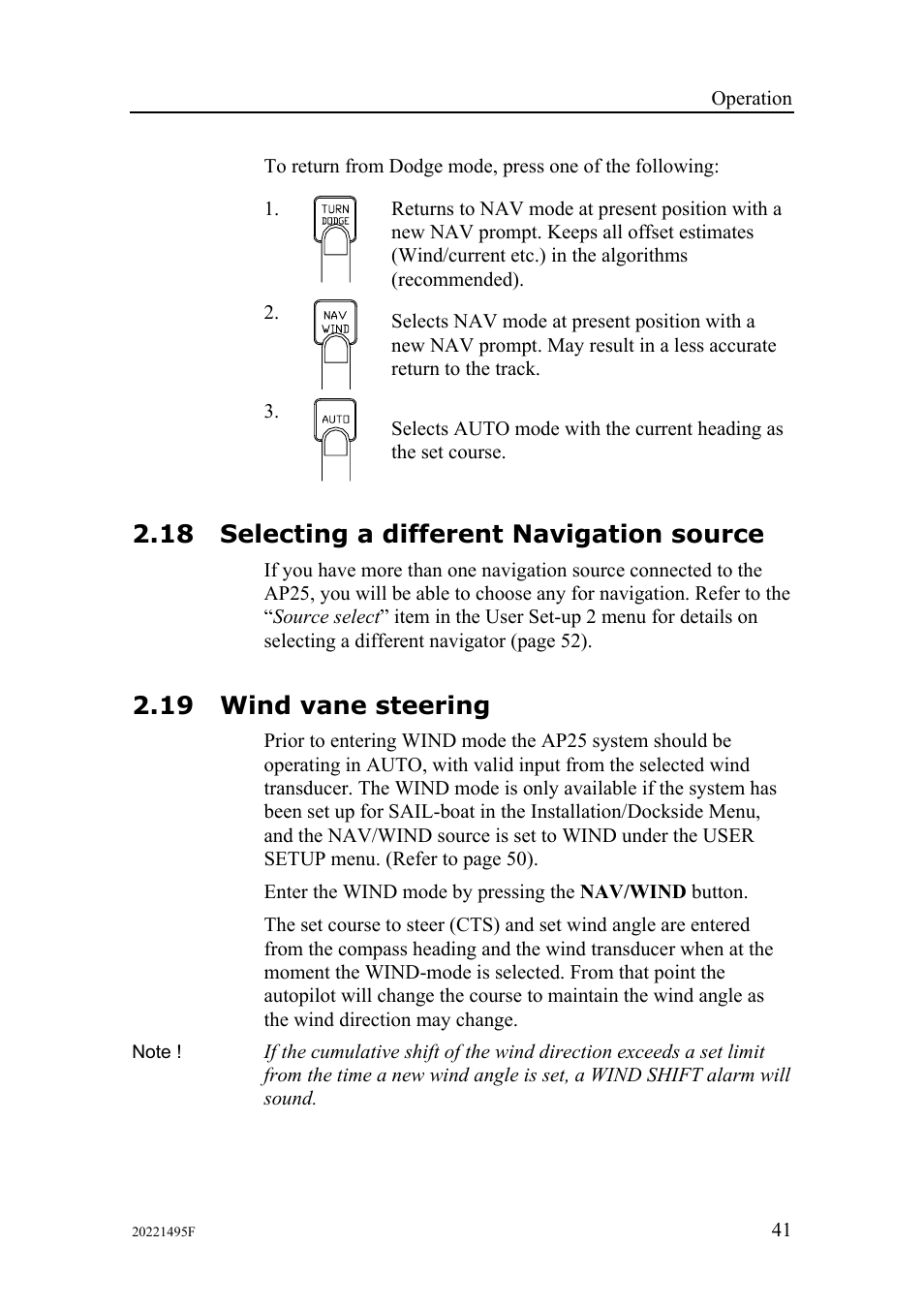 18 selecting a different navigation source, 19 wind vane steering | Simrad AP25 User Manual | Page 43 / 172