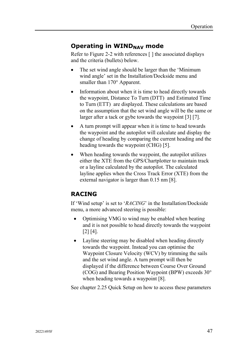 Operating in windnav mode, Racing | Simrad AP25 User Manual | Page 49 / 172