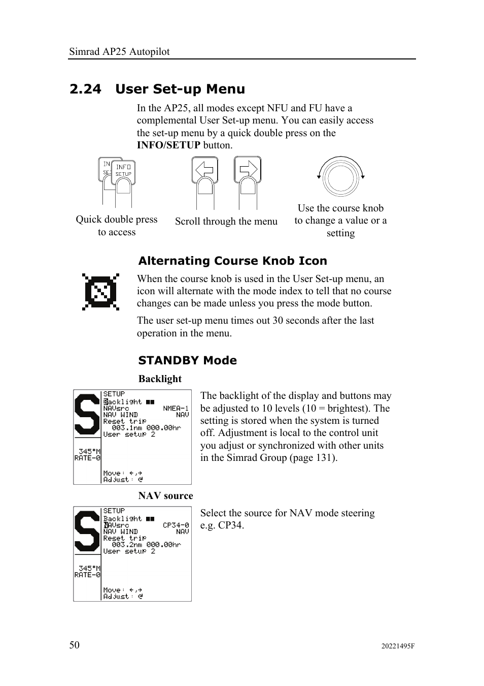 24 user set-up menu, Alternating course knob icon, Standby mode | Simrad AP25 User Manual | Page 52 / 172