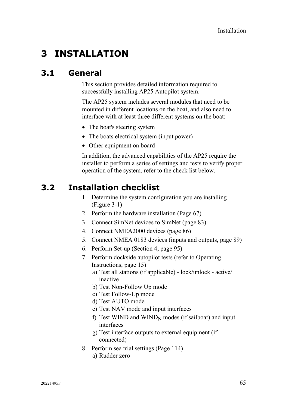 3 installation, 1 general, 2 installation checklist | Simrad AP25 User Manual | Page 67 / 172