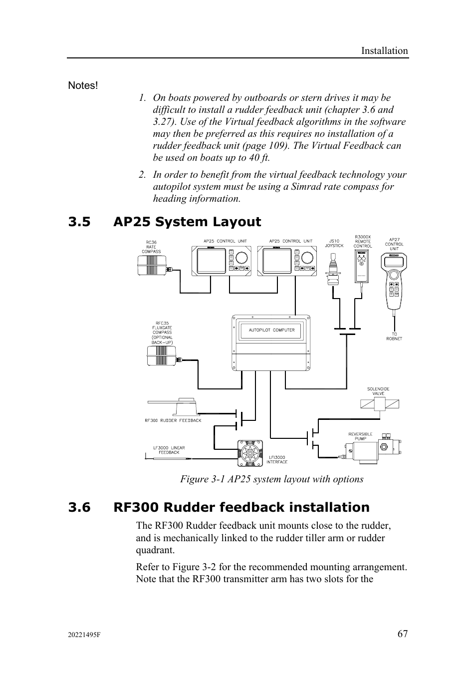 5 ap25 system layout, 6 rf300 rudder feedback installation, Figure 3-1) | Figure 3-1, Installation, Figure 3-1 ap25 system layout with options | Simrad AP25 User Manual | Page 69 / 172