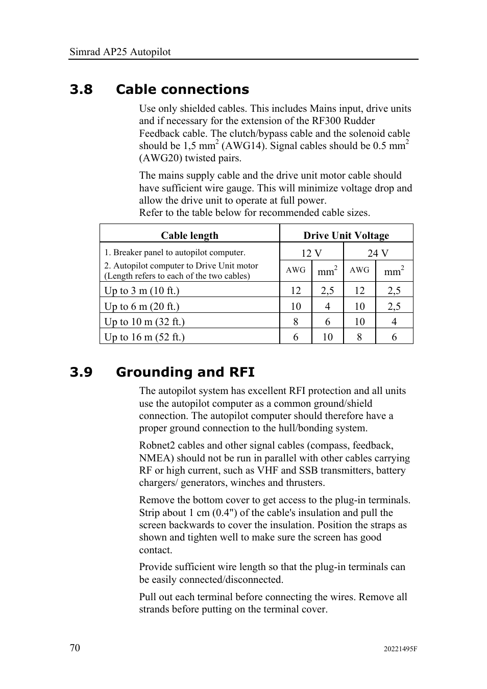8 cable connections, 9 grounding and rfi | Simrad AP25 User Manual | Page 72 / 172