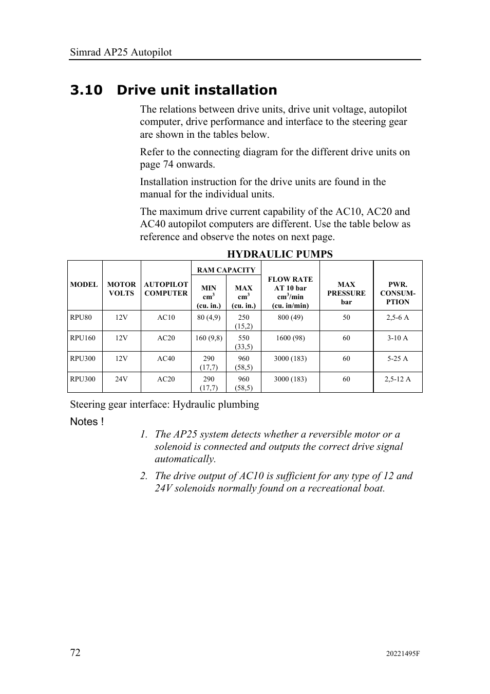 10 drive unit installation, Simrad ap25 autopilot 72 | Simrad AP25 User Manual | Page 74 / 172
