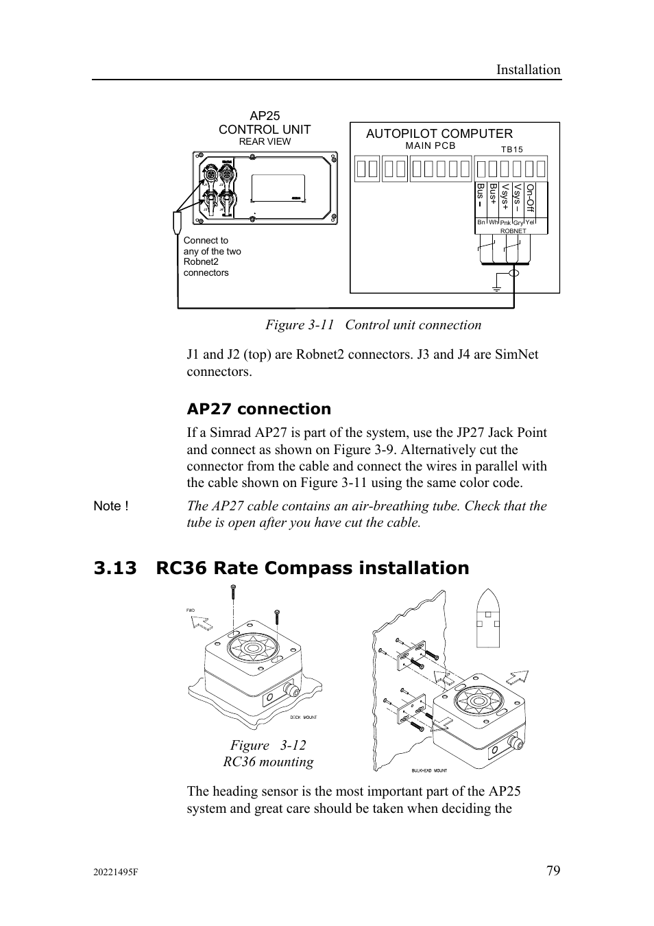 Ap27 connection, 13 rc36 rate compass installation, Installation | Simrad AP25 User Manual | Page 81 / 172