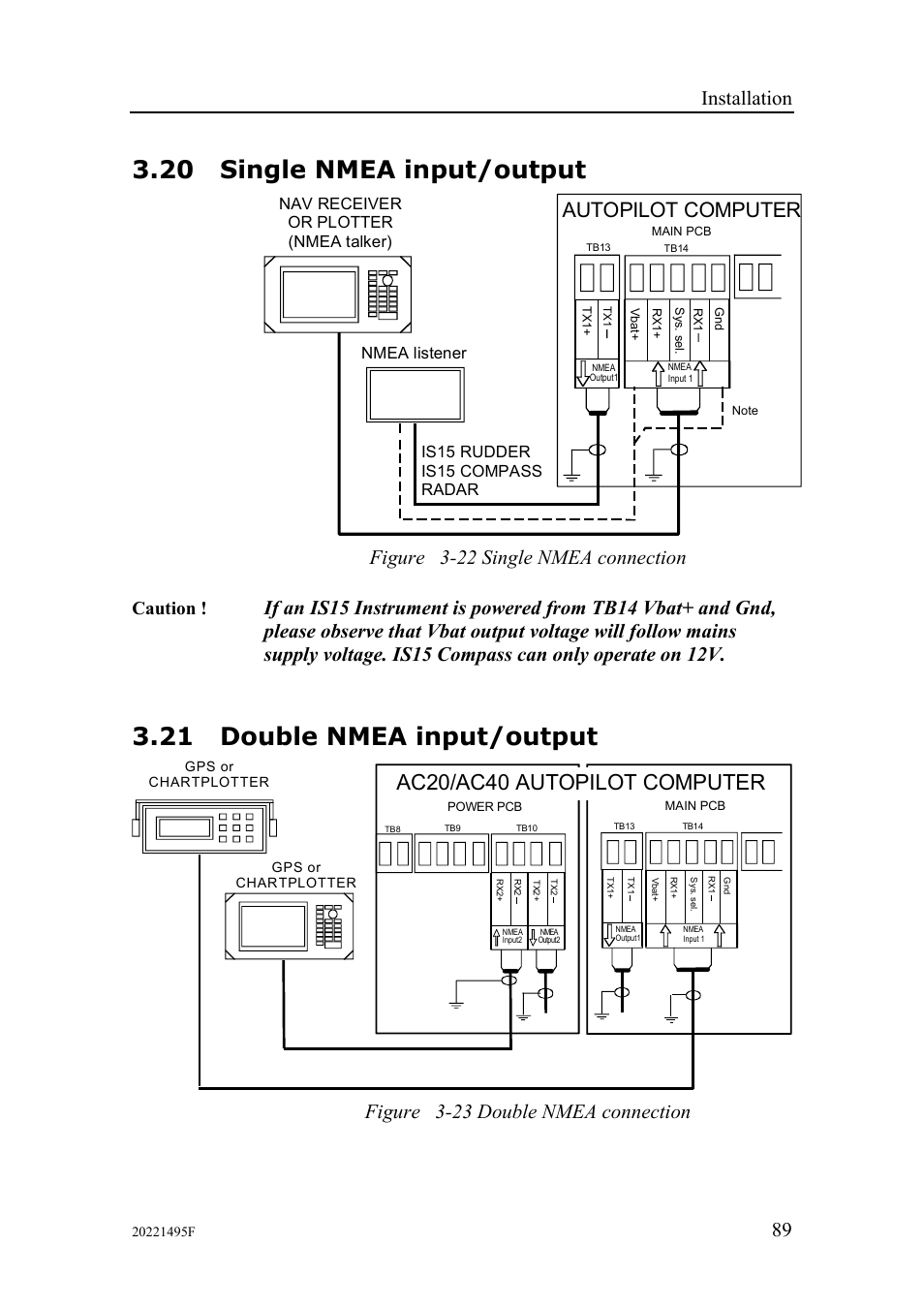 20 single nmea input/output, 21 double nmea input/output, Ac20/ac40 autopilot computer | Autopilot computer, Installation, Figure 3-22 single nmea connection, Figure 3-23 double nmea connection, Caution | Simrad AP25 User Manual | Page 91 / 172