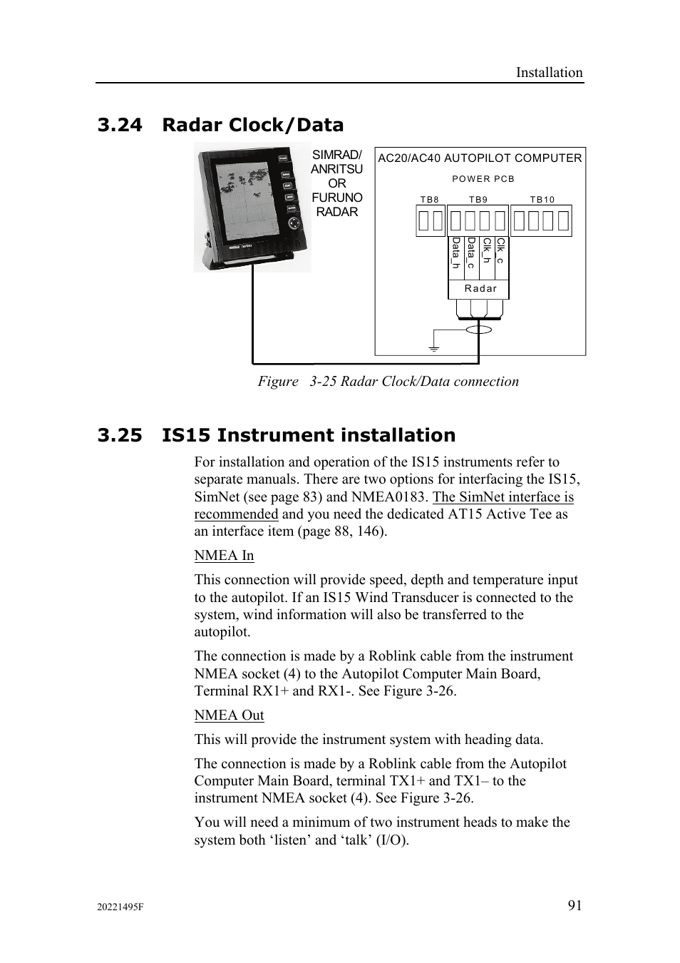 24 radar clock/data, 25 is15 instrument installation, Installation | Figure 3-25 radar clock/data connection | Simrad AP25 User Manual | Page 93 / 172