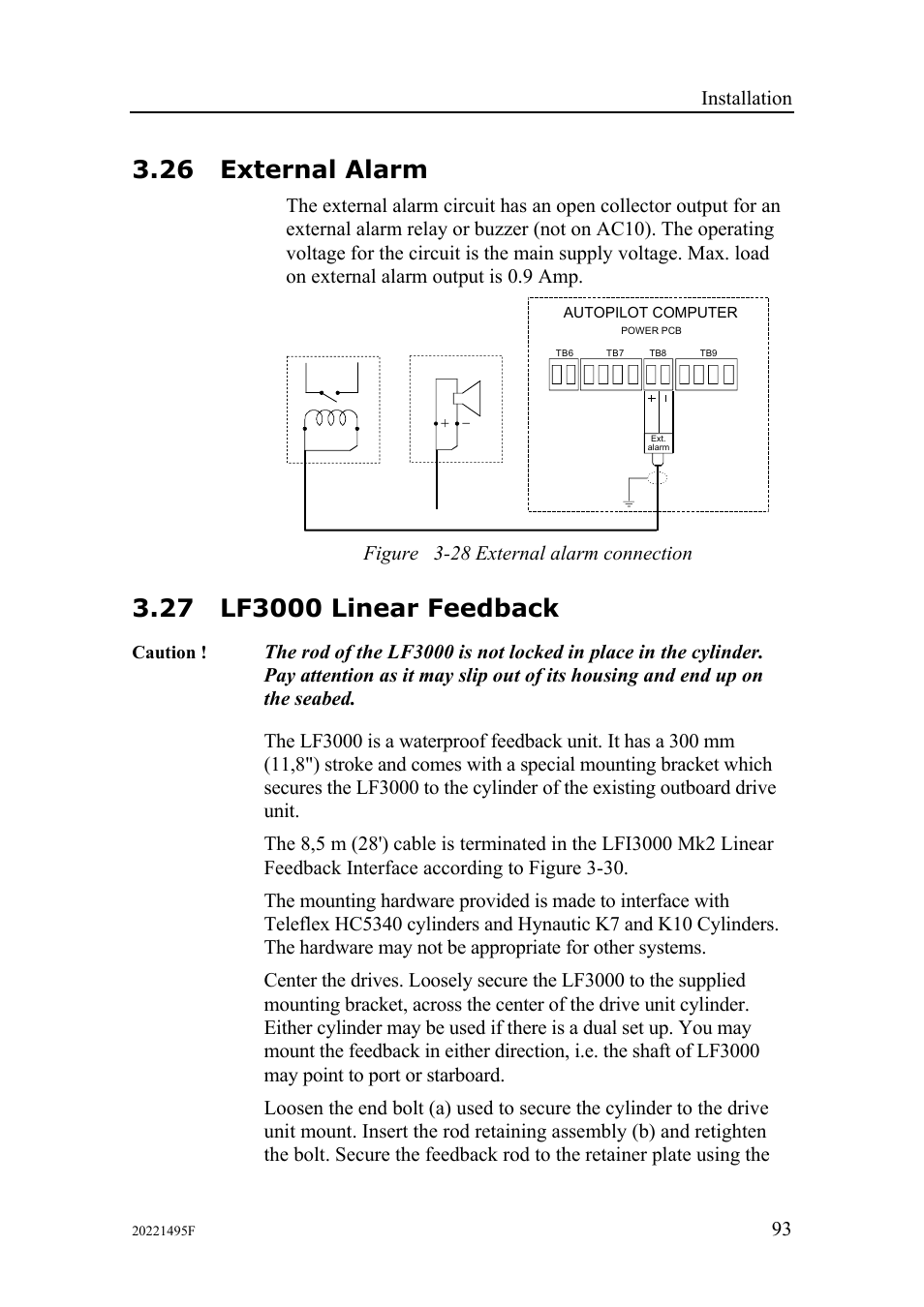 26 external alarm, 27 lf3000 linear feedback, Installation | Figure 3-28 external alarm connection | Simrad AP25 User Manual | Page 95 / 172