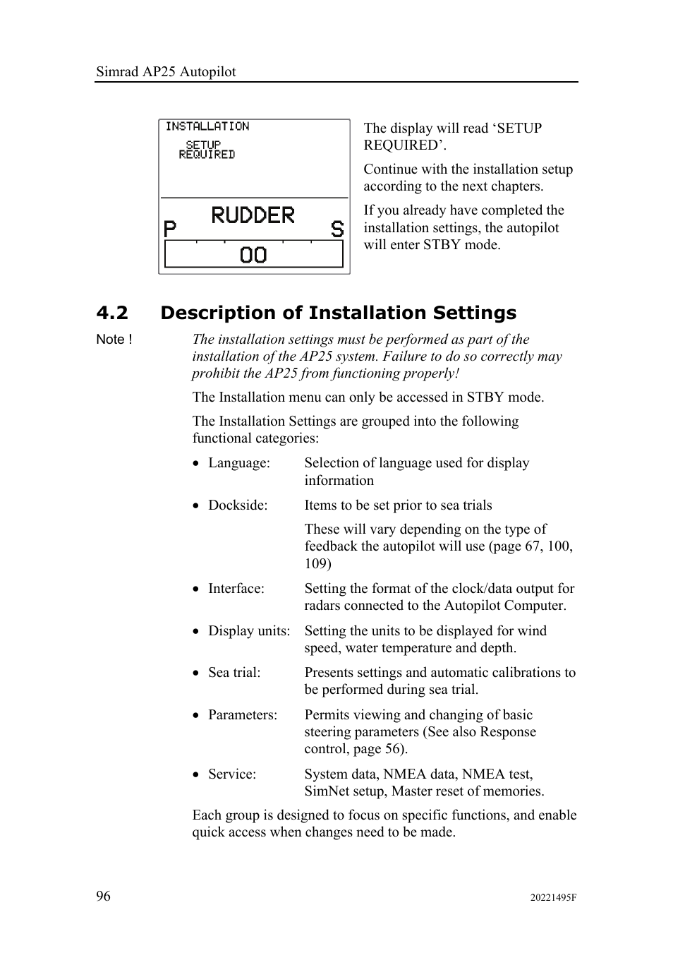 2 description of installation settings | Simrad AP25 User Manual | Page 98 / 172
