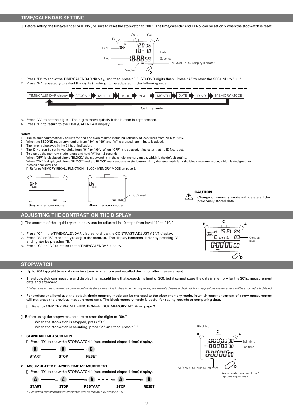 2time/calendar setting, Adjusting the contrast on the display, Stopwatch | Ab a | Seiko Group S141 User Manual | Page 2 / 5