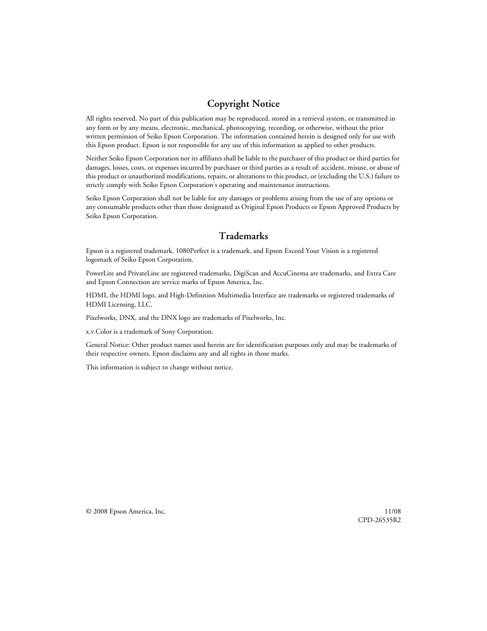 Copyright notice, Trademarks, 2copyright notice | Seiko Group POWERLITE 7500 UB User Manual | Page 2 / 80