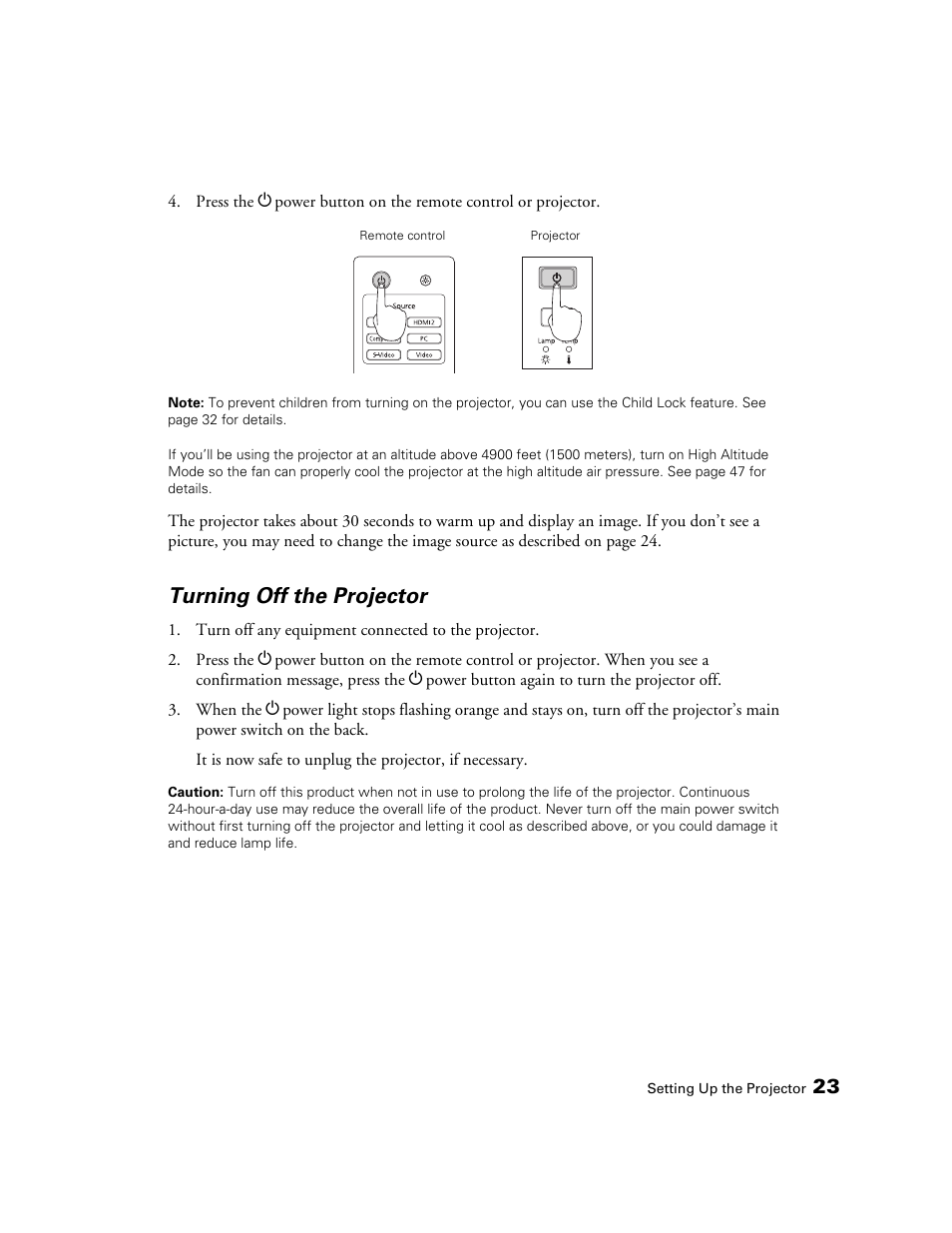 Turning off the projector | Seiko Group POWERLITE 7500 UB User Manual | Page 23 / 80