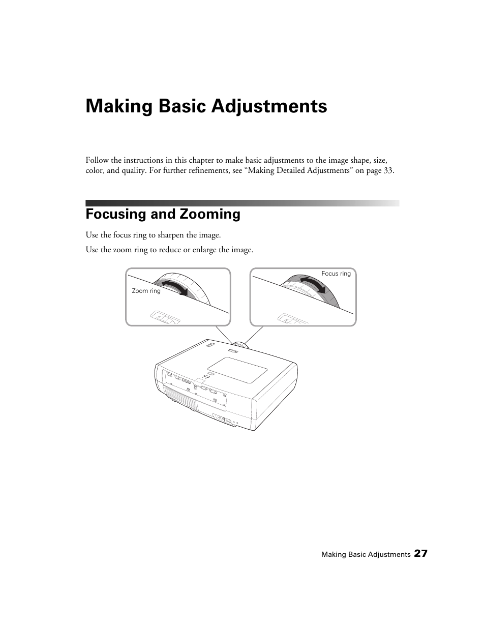 Making basic adjustments, Focusing and zooming | Seiko Group POWERLITE 7500 UB User Manual | Page 27 / 80